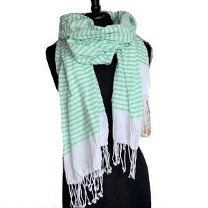 GAP Scarf Striped Green White Woven Cotton Fringe
